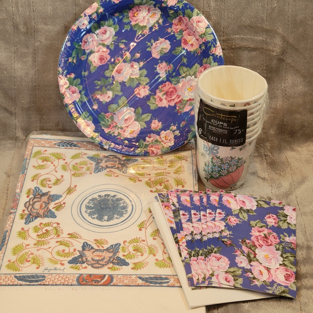 VTG Amscan Eileen West & Contempo Party Supplies Set Blue Pink Floral Paisley